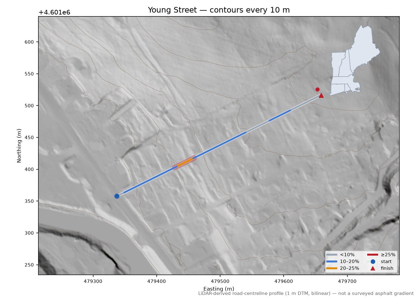 Young Street LiDAR hillshade map with contours