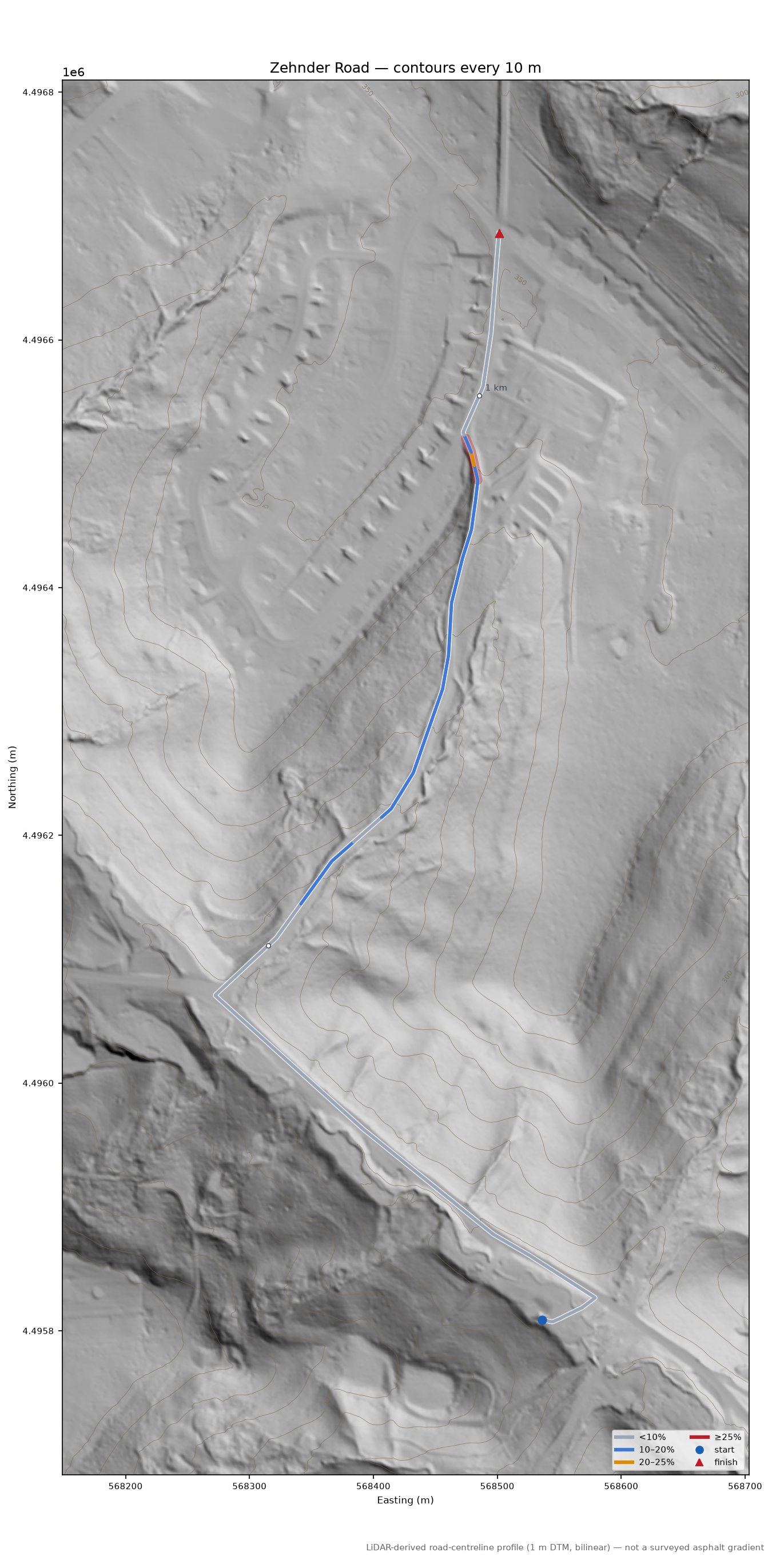 Zehnder Road LiDAR hillshade map with contours