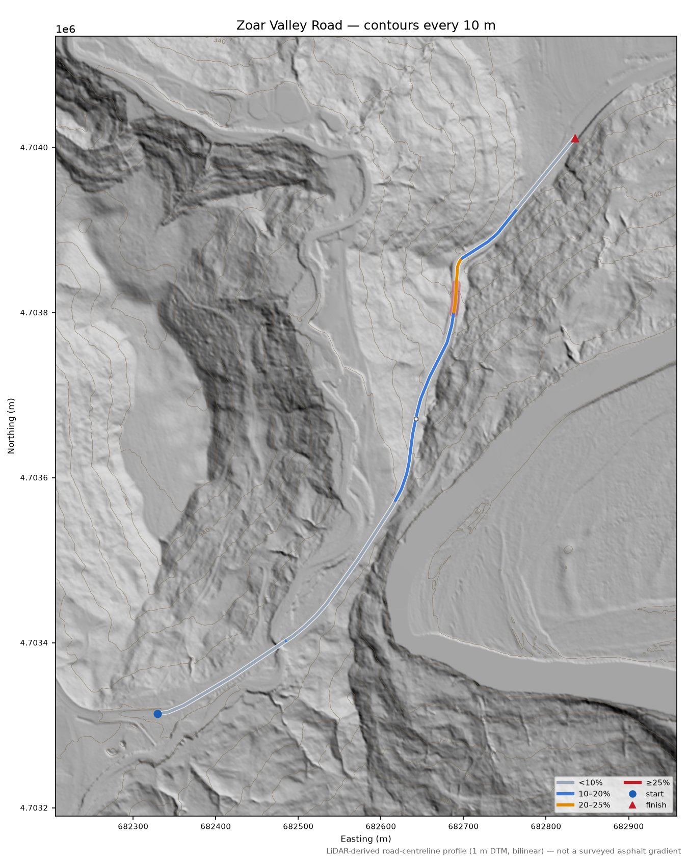 Zoar Valley Road LiDAR hillshade map with contours