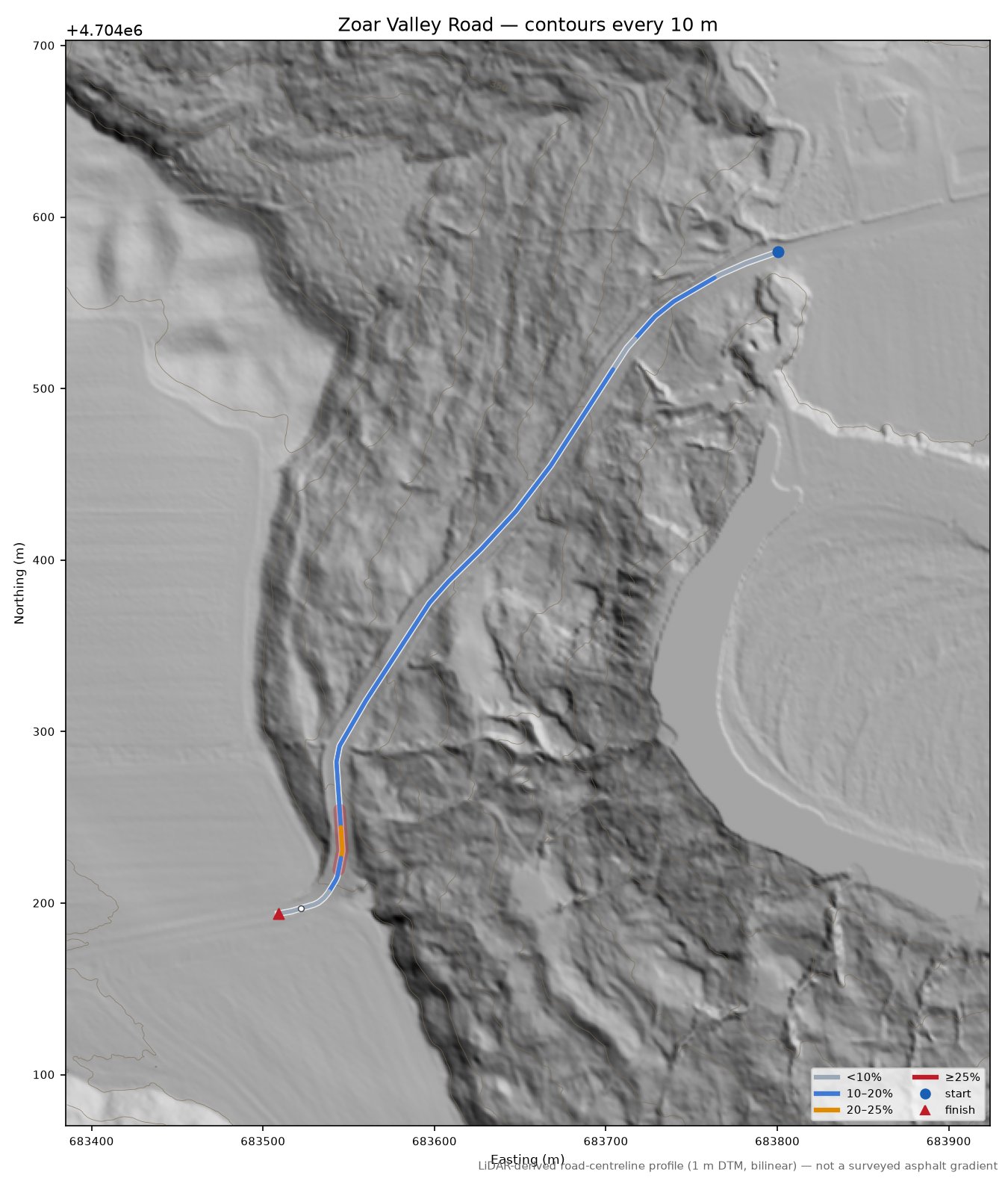 Zoar Valley Road LiDAR hillshade map with contours