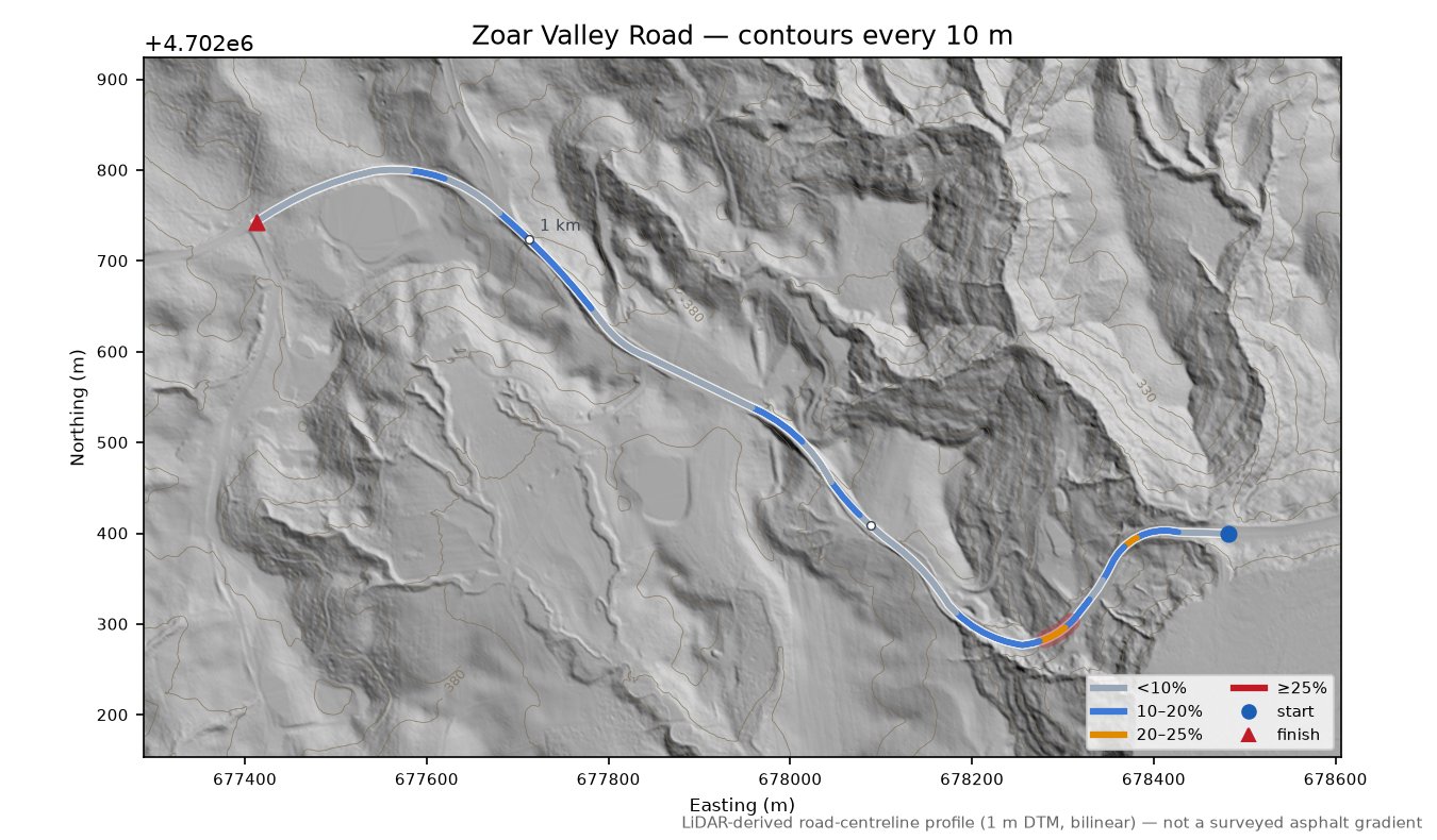 Zoar Valley Road LiDAR hillshade map with contours